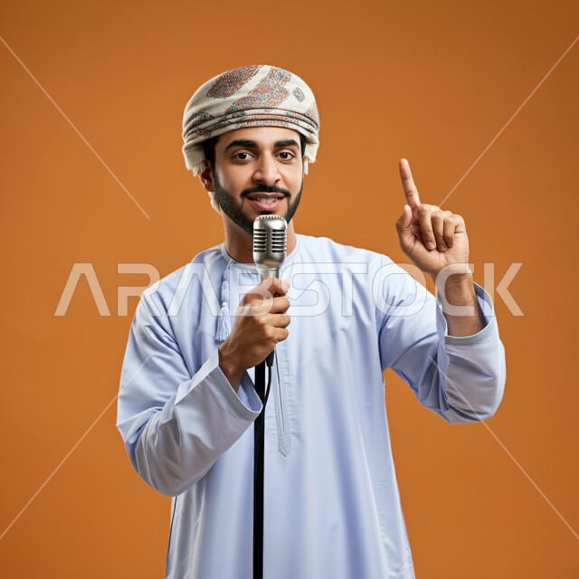إلقاء المحاضرات وإقامة الندوات، بورتريه لشاب عربي خليجي عماني مبتسم يرتدي الدشداشة والعمامة يمسك بيده المايكروفون ينظر الى الكاميرا بتعابير السرور، العمل في تقديم الفقرات و  البرامج الفنية, خلفية برتقالي