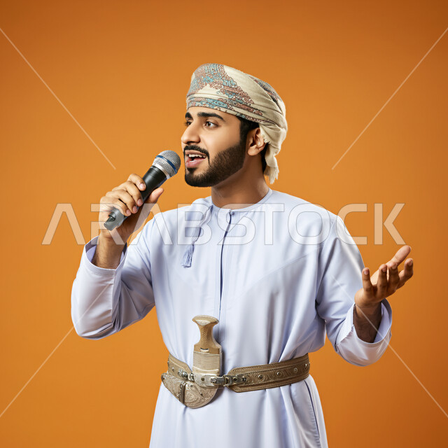 ممارسة موهبة الغناء، الاستمتاع بأداء المواهب الصوتية، بورتريه لشاب عربي خليجي عماني يرتدي الدشداشه والعمامة يمسك بيده المايكروفون، الغناء بحماس بإيماءات تدل على الاندماج والتفاعل، تسجيل مقطع صوتي غنائي، خلفية برتقالية