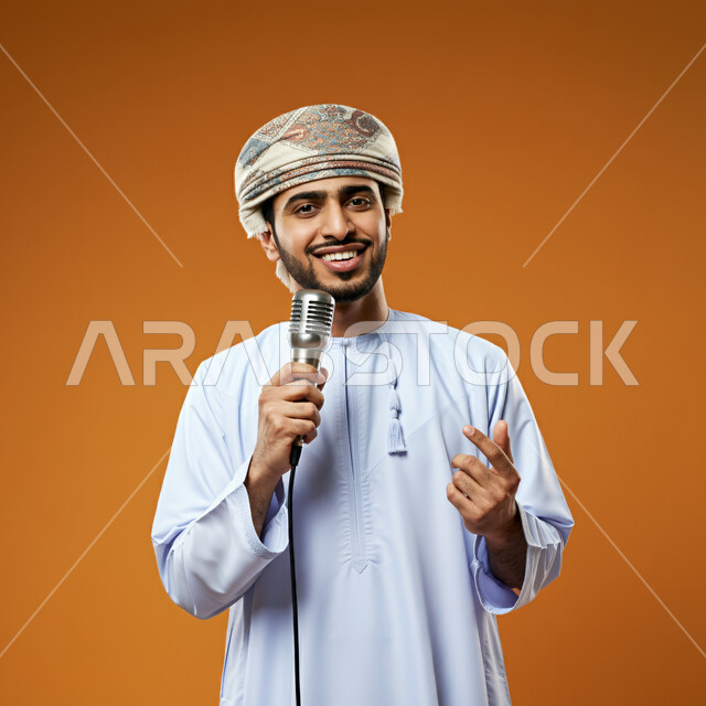 ممارسة موهبة الغناء، الاستمتاع بأداء المواهب الصوتية، بورتريه لشاب عربي خليجي عماني يرتدي الدشداشه والعمامة يمسك بيده المايكروفون، الغناء بحماس بإيماءات تدل على الاندماج والتفاعل، تسجيل مقطع صوتي غنائي، خلفية برتقالية