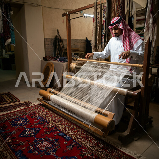 مهن وحرف شعبية، أسواق تقليدية في المملكة العربية السعودية، حياكة وغزل السجاد في المصانع والمعامل، رجل عربي خليجي سعودي يرتدي الثوب التقليدي والشماغ يقوم بنسج السجادة، نقوشات وزخرفات من التراث السعودي، الفن التراثي الحرفي التقليدي، منتجات صناعية محليه وطنيه