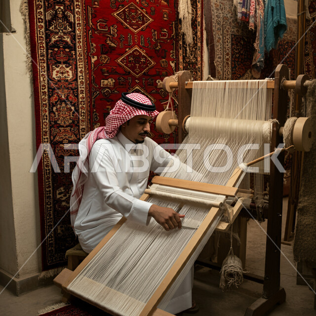 مهن وحرف شعبية، أسواق تقليدية في المملكة العربية السعودية، حياكة وغزل السجاد في المصانع والمعامل، رجل عربي خليجي سعودي يرتدي الثوب التقليدي والشماغ يقوم بنسج السجادة، نقوشات وزخرفات من التراث السعودي، الفن التراثي الحرفي التقليدي، منتجات صناعية محليه وطنيه