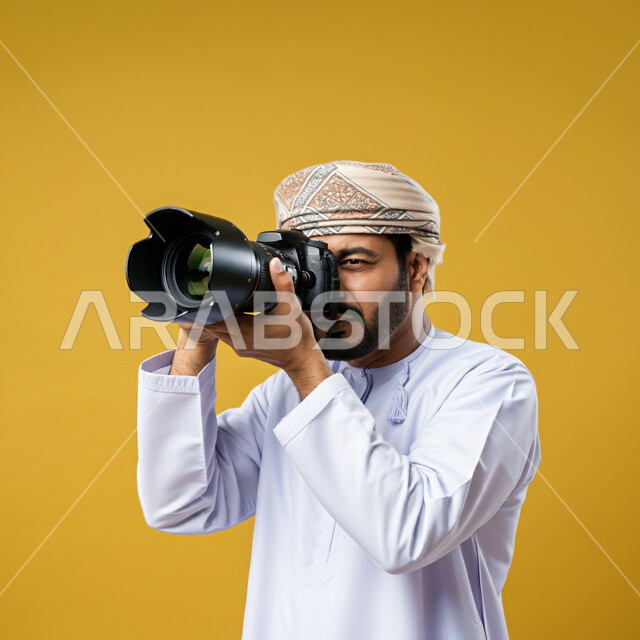 فوتوغرافر  محترف يستعد لالتقاط الصور, بورتريه مقرب لشاب عربي خليجي عماني يرتدي الدشداشه والعمامة يحمل بيده كاميرا التصوير عالية الدقة ، لقطات فنية عالية الجودة, استخدام أجهزة ومعدات حديثة, خلفية صفراء