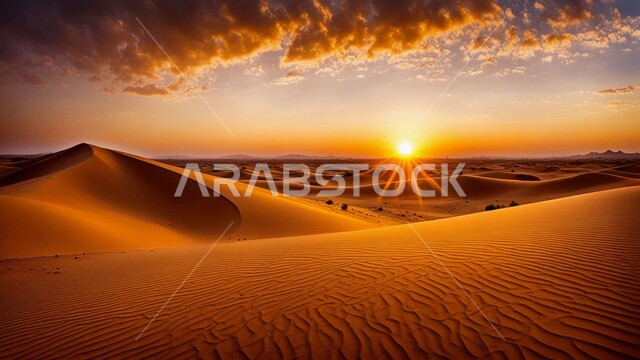 التلال والرمال الذهبية الناعمة، منظر السماء مع غروب الشمس في صحراء المملكة العربية السعودية، المناظر الطبيعية في الأماكن البرية، مناطق البادية والبيئة الصحراوية