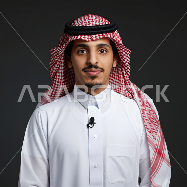 تقديم الأخبار السعودية والعالمية ومستجداتها، وسائل الإعلام التلفزيونية، دمج البيئة العملية مع التقنية والتكنولوجيا، بورتريه مقرب لمذيع عربي سعودي يرتدي الثوب التقليدي والشماغ ينظر إلى الكاميرا بإيماءات الجدية، استخدام تقنية الجرافيكس في تقديم اخبارمحلية و اقليمية، خلفية سوداء