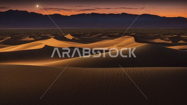 مناطق البادية والبيئة الطبيعية الصحراوية في الليل، المناخ القاسي والجاف، الرمال الذهبية الناعمة والكثبان في صحراء المملكة العربية السعودية، خلفية الطبيعة