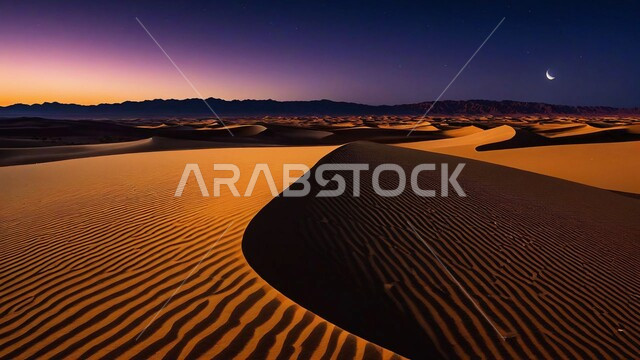 مناطق البادية والبيئة الطبيعية الصحراوية في الليل، المناخ القاسي والجاف، الرمال الذهبية الناعمة والكثبان في صحراء المملكة العربية السعودية، خلفية الطبيعة