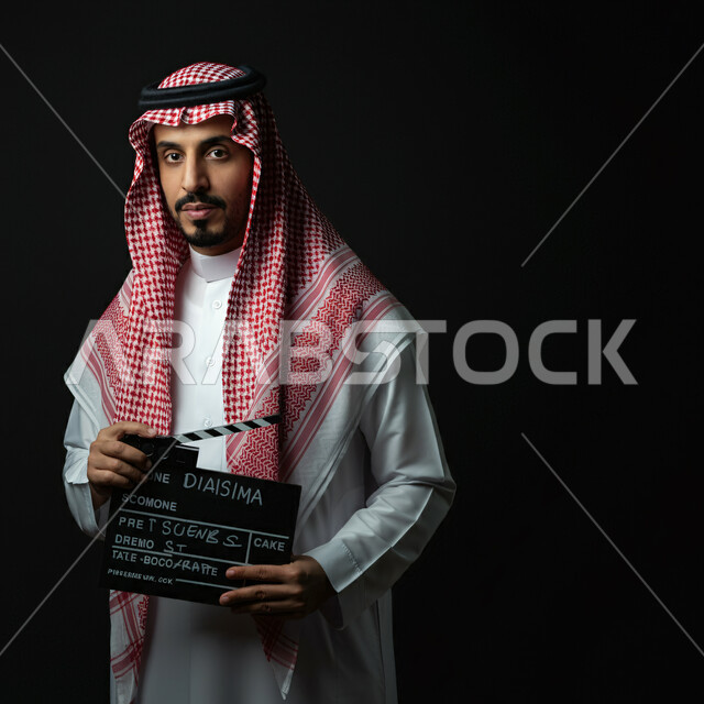  متابعة السيناريو والحوار والتصوير السينيمائي ، بورتريه مقرب لرجل عربي سعودي خليجي يرتدي الثوب التقليدي والشماغ داخل موقع التصوير يحمل بيده لوح تصوير ، النظر الى الكاميرا بتعابير الفخر، إخراج المسلسلات والأفلام ، الاشراف على طاقم التمثيل والعمل 