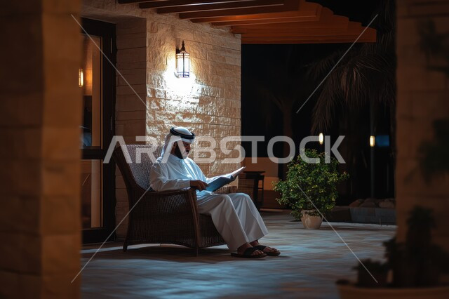 ممارسة هواية القراءة، رجل عربي خليجي سعودي يرتدي الزي التقليدي السعودي يجلس على الكرسي يحمل بيده كتاب، قضاء أوقات ممتعة في قراءة الكتب المفيدة للتعلم والتثقف، الاستمتاع بالأجواء الليلية الهادئة