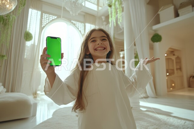 تطور التكنولوجيا والأجهزة التقنية الحديثة، عرض شاشة خضراء فارغة، النظر الى الكاميرا بايماءات السعادة، بورتريه لفتاة صغيرة عربية سعودية خليجية مبتسمة ترتدي العباءة البيضاء تحمل بيدها الهاتف المحمول تجلس في غرفة