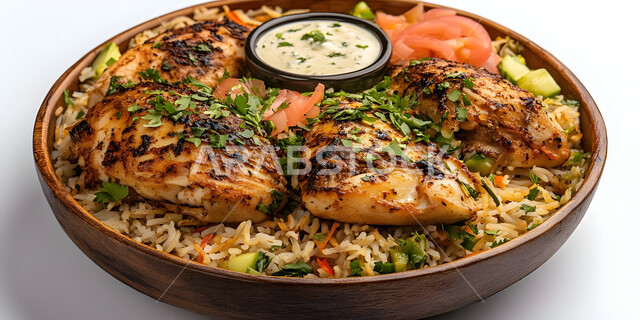 طبق من أرز الكبسة مع قطع اللحم المزين بالبقدونس، ولائم وأطباق عربية تقليدية شعبية، وصفات الطعام الشهية، المأكولات والوجبات الشرقية، مطابخ ومطاعم المملكة العربية السعودية