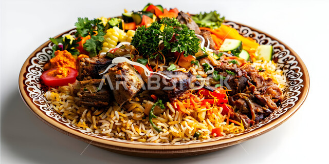 طبق من أرز الكبسة مع قطع اللحم المزين بالبقدونس، ولائم وأطباق عربية تقليدية شعبية، وصفات الطعام الشهية، المأكولات والوجبات الشرقية، مطابخ ومطاعم المملكة العربية السعودية