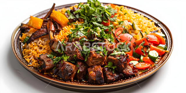 طبق من أرز الكبسة مع قطع اللحم المزين بالبقدونس، ولائم وأطباق عربية تقليدية شعبية، وصفات الطعام الشهية، المأكولات والوجبات الشرقية، مطابخ ومطاعم المملكة العربية السعودية
