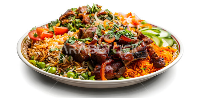 طبق من أرز الكبسة مع قطع اللحم المزين بالبقدونس، ولائم وأطباق عربية تقليدية شعبية، وصفات الطعام الشهية، المأكولات والوجبات الشرقية، مطابخ ومطاعم المملكة العربية السعودية