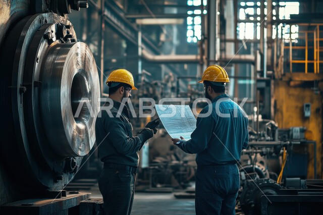 متابعة ومراقبة عمليات الانتاج وسير عمل الآلات، وظائف ومهن هندسية شبابية، العمل في مصانع ومعامل المملكة العربية السعودية، صورة مقربة من الخلف لمهندسيين صناعيين عربيين خليجيين سعوديين يرتديان السترة وخوذة الحماية داخل المصنع