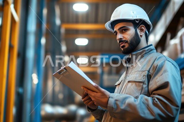 Supervision and control of engineering projects, construction by the hands of the sons of the homeland, a close-up photo from the side of a Saudi Arabian Gulf engineer wearing the traditional dress with a helmet and a protective vest holding the construction plan and looking at it with gestures of concentration, Saudi professions and jobs