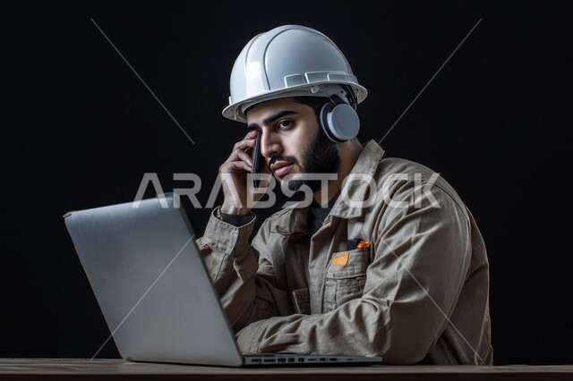 تصفح المواقع والتطبيقات الهندسية,دمج العمل مع التقنية و التكنولوجيا، بورتريه لمهندس عربي خليجي سعودي يرتدي الخوذة البيضاء والسترة الخاصة بالعمل يجلس على المكتب، إجراء مكالمة عبر الهاتف المحمول ومطالعة آخر التطورات عن طريق جهاز اللابتوب, خلفية سوداء