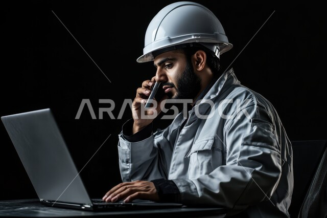تصفح المواقع والتطبيقات الهندسية,دمج العمل مع التقنية و التكنولوجيا، بورتريه لمهندس عربي خليجي سعودي يرتدي الخوذة البيضاء والسترة الخاصة بالعمل يجلس على المكتب، إجراء مكالمة عبر الهاتف المحمول ومطالعة آخر التطورات عن طريق جهاز اللابتوب, خلفية سوداء