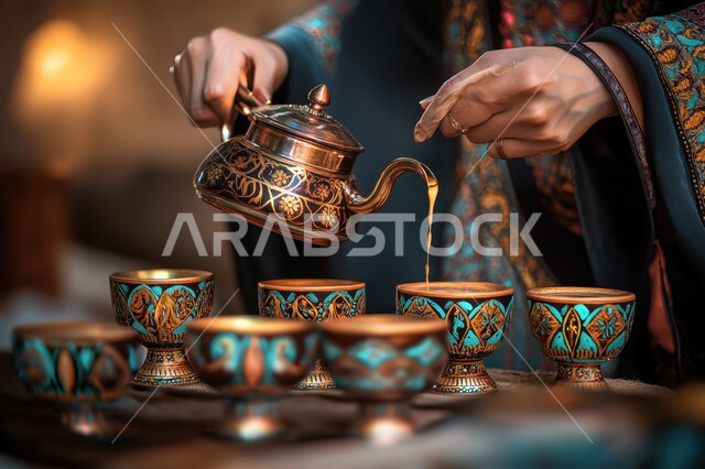 أصالة العادات والتقاليد في المملكة العربية السعودية، مفهوم كرم الضيافة وحسن الاستقبال، صورة مقربة ليدين أمراة عربية سعودية خليجية تقوم بتقديم المشروبات الساخنة من الدلة النحاسية