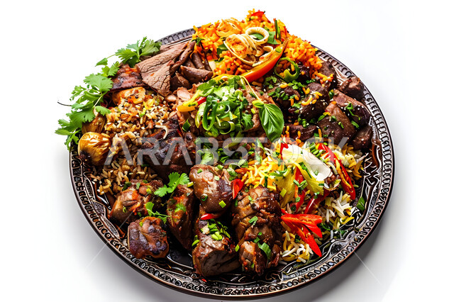 طبق من أرز الكبسة مع قطع اللحم المزين والخضروات، ولائم وأطباق عربية تقليدية شعبية، وصفات المأكولات والوجبات الشرقية الشهية، مطابخ ومطاعم المملكة العربية السعودية، صحن من البرياني باللحم الدسم، مهارة إعداد وصفة المندي الخليجي المشهورة بالتوابل الغنية بالنكهات