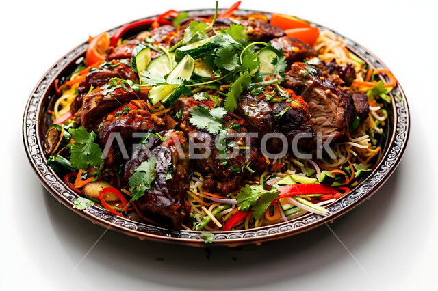 طبق من أرز الكبسة مع قطع اللحم المزين والخضروات، ولائم وأطباق عربية تقليدية شعبية، وصفات المأكولات والوجبات الشرقية الشهية، مطابخ ومطاعم المملكة العربية السعودية، صحن من البرياني باللحم الدسم، مهارة إعداد وصفة المندي الخليجي المشهورة بالتوابل الغنية بالنكهات