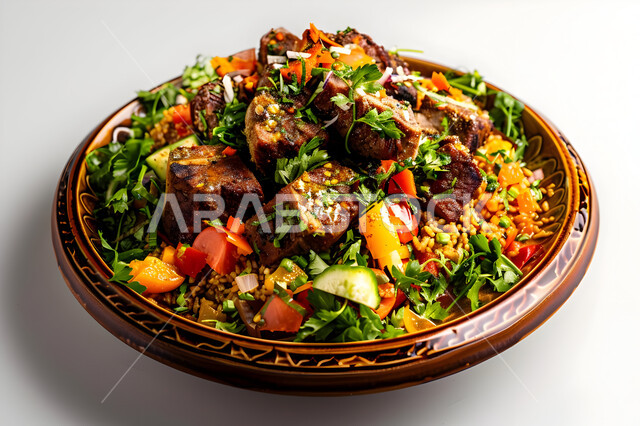 طبق من أرز الكبسة مع قطع اللحم المزين والخضروات، ولائم وأطباق عربية تقليدية شعبية، وصفات المأكولات والوجبات الشرقية الشهية، مطابخ ومطاعم المملكة العربية السعودية، صحن من البرياني باللحم الدسم، مهارة إعداد وصفة المندي الخليجي المشهورة بالتوابل الغنية بالنكهات