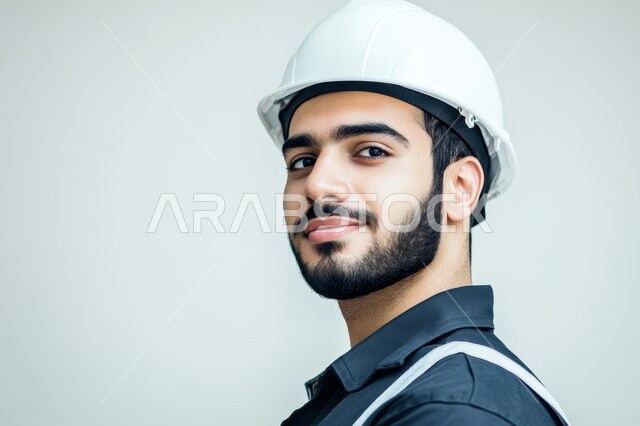 مفهوم الهندسة والانشاءات المعمارية، بورتريه لمهندس عربي خليجي سعودي مبتسم يرتدي الخوذه و سترة الحماية   ينظر إلى الكاميرا بايماءات الجدية، العمل في القطاع الهندسي، مهن ووظائف سعودية، الإعمار بسواعد أبناء الوطن، خلفية رمادية