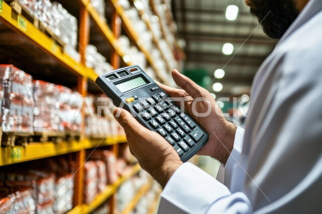 متجر لبيع الاحتياجات والمستلزمات المنزلية، مفهوم ادارة الشؤون الاقتصادية المنزلية ، صورة مقربة من الجانب لرجل عربي خليجي سعودي يرتدي الثوب التقليدي يقوم بالشراء والتبضع من إحدى الأسواق يحمل بيده اّلة حاسبة يقوم بحساب المصاريف,  توفير ودراسة الامور المالية