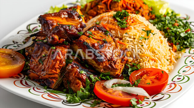 Traditional popular Arabic banquets and dishes, a plate of Kabsa rice with roasted meat pieces, recipes for delicious oriental foods and meals, kitchens and restaurants in the Kingdom of Saudi Arabia, a plate of biryani with fatty meat, the skill of preparing the famous Gulf Mandi recipe with spices rich in flavors