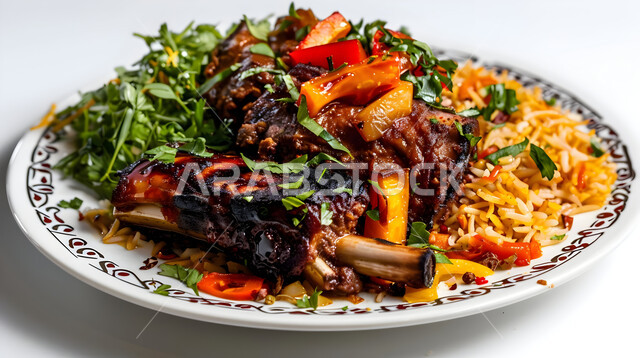 Traditional popular Arabic banquets and dishes, a plate of Kabsa rice with roasted meat pieces, recipes for delicious oriental foods and meals, kitchens and restaurants in the Kingdom of Saudi Arabia, a plate of biryani with fatty meat, the skill of preparing the famous Gulf Mandi recipe with spices rich in flavors