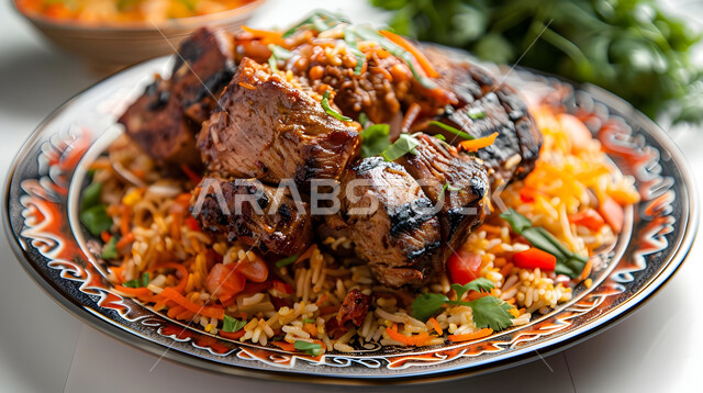 Traditional popular Arabic banquets and dishes, a plate of Kabsa rice with roasted meat pieces, recipes for delicious oriental foods and meals, kitchens and restaurants in the Kingdom of Saudi Arabia, a plate of biryani with fatty meat, the skill of preparing the famous Gulf Mandi recipe with spices rich in flavors