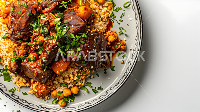 Traditional popular Arabic banquets and dishes, a plate of Kabsa rice with roasted meat pieces, recipes for delicious oriental foods and meals, kitchens and restaurants in the Kingdom of Saudi Arabia, a plate of biryani with fatty meat, the skill of preparing the famous Gulf Mandi recipe with spices rich in flavors