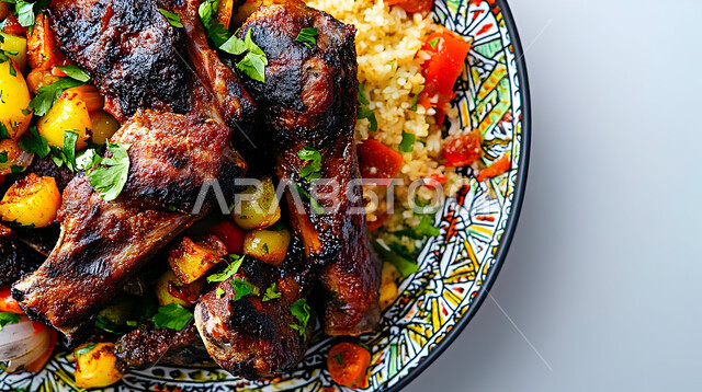  ولائم وأطباق عربية تقليدية شعبية، طبق من أرز الكبسة مع قطع اللحم المحمرة، وصفات المأكولات والوجبات الشرقية الشهية، مطابخ ومطاعم المملكة العربية السعودية، صحن من البرياني باللحم الدسم، مهارة إعداد وصفة المندي الخليجي المشهورة بالتوابل الغنية بالنكهات