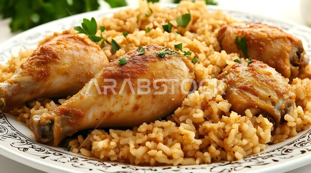  ولائم وأطباق عربية تقليدية شعبية، طبق من أرز الكبسة مع قطع اللحم المحمرة، وصفات المأكولات والوجبات الشرقية الشهية، مطابخ ومطاعم المملكة العربية السعودية، صحن من البرياني باللحم الدسم، مهارة إعداد وصفة المندي الخليجي المشهورة بالتوابل الغنية بالنكهات