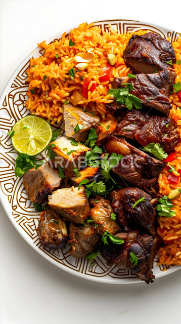  ولائم وأطباق عربية تقليدية شعبية، طبق من أرز الكبسة مع قطع اللحم المحمرة، وصفات المأكولات والوجبات الشرقية الشهية، مطابخ ومطاعم المملكة العربية السعودية، صحن من البرياني باللحم الدسم، مهارة إعداد وصفة المندي الخليجي المشهورة بالتوابل الغنية بالنكهات