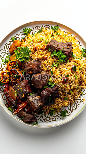  ولائم وأطباق عربية تقليدية شعبية، طبق من أرز الكبسة مع قطع اللحم المحمرة، وصفات المأكولات والوجبات الشرقية الشهية، مطابخ ومطاعم المملكة العربية السعودية، صحن من البرياني باللحم الدسم، مهارة إعداد وصفة المندي الخليجي المشهورة بالتوابل الغنية بالنكهات