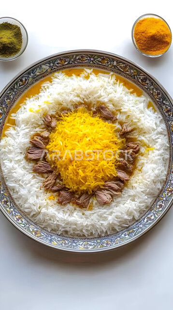  ولائم وأطباق عربية تقليدية شعبية، طبق من أرز الكبسة مع قطع اللحم المحمرة، وصفات المأكولات والوجبات الشرقية الشهية، مطابخ ومطاعم المملكة العربية السعودية، صحن من البرياني باللحم الدسم، مهارة إعداد وصفة المندي الخليجي المشهورة بالتوابل الغنية بالنكهات