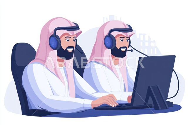 الاجابة على الاستعلامات والاستفسارات، بيئة العمل المريحة في الشركات الراقية, رسوم توضيحية لموظفان عربيان سعوديان خليجيان مبتسمان يرتديان الزي التقليدي والشماغ و سماعة الرأس يقومان في التواصل مع الزبائن لحل المشكلات, خلفية بيضاء