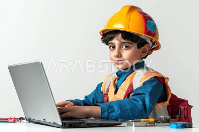 مهن ووظائف هندسية، بورتريه لفتى عربي خليجي سعودي داخل مكتب هندسي يجلس على طاولة امام اللابتوب، إستخدام جهاز الحاسوب المحمول للبحث عن المعلومات، خوذة الوقاية وملابس الحماية، أدوات ومعدات هندسية، مفهوم الهندسة المعمارية، خلفية بيضاء