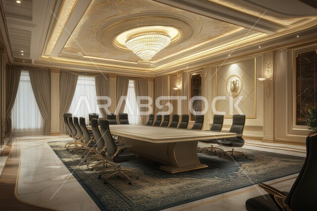 التصميم العصري الحديث للمكاتب في الشركات السعودية، قاعة اجتماعات واسعة مع طاولة محاطة بكراسي، غرف مكتبية بتصاميم وديكورات داخلية كلاسيكية