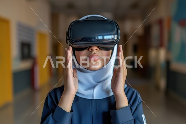 دمج التقنية الحديثة في المتعه و التسلية ,التفاعل ومحاكاة العالم الخيالي, صورة مقربة لأمرأة عربيه خليجية سعودية محجبة ترتدي نظارة الواقع الافتراضي بتعابير السرور, الحماس والاندماج ومحاولة امساك شيء ما, مشاهدة الأفلام عبر نظارات في آر ثلاثية الأبعاد