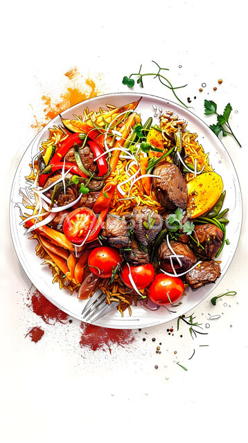  ولائم وأطباق عربية تقليدية شعبية، طبق من أرز الكبسة مع قطع اللحم المحمرة، وصفات المأكولات والوجبات الشرقية الشهية، مطابخ ومطاعم المملكة العربية السعودية، صحن من البرياني باللحم الدسم، مهارة إعداد وصفة المندي الخليجي المشهورة بالتوابل الغنية بالنكهات