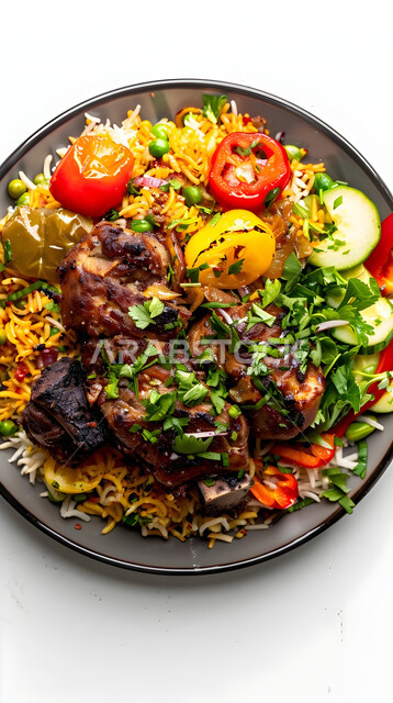  ولائم وأطباق عربية تقليدية شعبية، طبق من أرز الكبسة مع قطع اللحم المحمرة، وصفات المأكولات والوجبات الشرقية الشهية، مطابخ ومطاعم المملكة العربية السعودية، صحن من البرياني باللحم الدسم، مهارة إعداد وصفة المندي الخليجي المشهورة بالتوابل الغنية بالنكهات