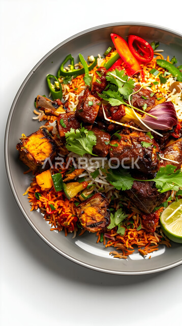  ولائم وأطباق عربية تقليدية شعبية، طبق من أرز الكبسة مع قطع اللحم المحمرة، وصفات المأكولات والوجبات الشرقية الشهية، مطابخ ومطاعم المملكة العربية السعودية، صحن من البرياني باللحم الدسم، مهارة إعداد وصفة المندي الخليجي المشهورة بالتوابل الغنية بالنكهات