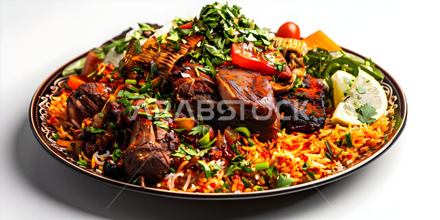  ولائم وأطباق عربية تقليدية شعبية، طبق من أرز الكبسة مع قطع اللحم المحمرة، وصفات المأكولات والوجبات الشرقية الشهية، مطابخ ومطاعم المملكة العربية السعودية، صحن من البرياني باللحم الدسم، مهارة إعداد وصفة المندي الخليجي المشهورة بالتوابل الغنية بالنكهات