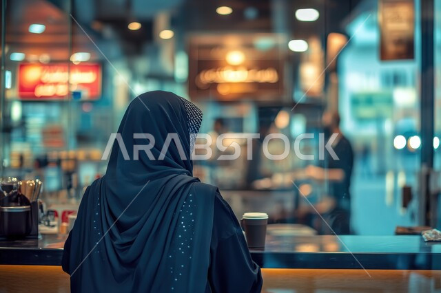 التسوق وشراء الحاجات المنزلية، قضاء وقت ممتع في المركز التجاري، السلع والمواد الغذائية المختلفة،  صورة من الخلف لشابة عربية سعودية خليجية محجبة ترتدي العباءة تقوم باحتساء القهوة، الاستمتاع بتناول المشروبات الساخنة