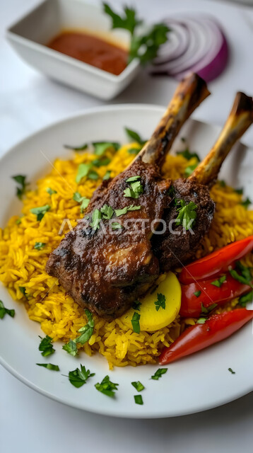  ولائم وأطباق عربية تقليدية شعبية، طبق من أرز الكبسة مع قطع اللحم المحمرة، وصفات المأكولات والوجبات الشرقية الشهية، مطابخ ومطاعم المملكة العربية السعودية، صحن من البرياني باللحم الدسم، مهارة إعداد وصفة المندي الخليجي المشهورة بالتوابل الغنية بالنكهات