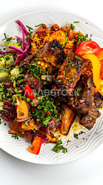  ولائم وأطباق عربية تقليدية شعبية، طبق من أرز الكبسة مع قطع اللحم المحمرة، وصفات المأكولات والوجبات الشرقية الشهية، مطابخ ومطاعم المملكة العربية السعودية، صحن من البرياني باللحم الدسم، مهارة إعداد وصفة المندي الخليجي المشهورة بالتوابل الغنية بالنكهات
