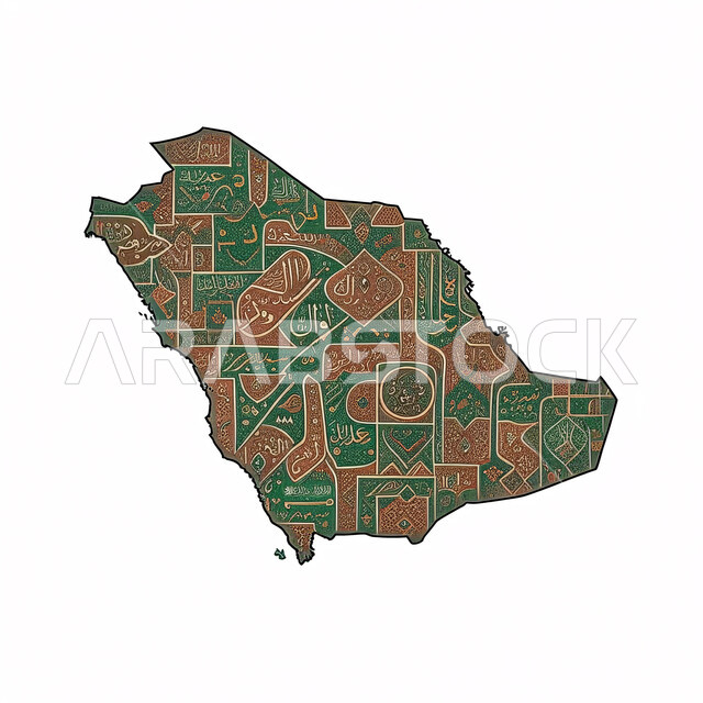 خريطة المملكة العربية السعودية مزخرفة ومنقوشة بالنقوش الشعبية العربية، الإخلاص والولاء للبلاد، الحدود الجغرافية للدولة، مفهوم حب الوطن والانتماء إليه، خلفية بيضاء