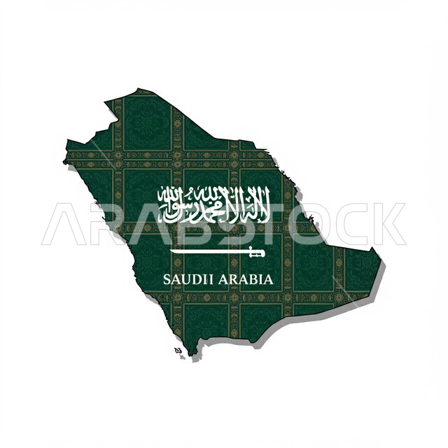 خريطة المملكة العربية السعودية مزخرفة ومنقوشة بالنقوش الشعبية العربية، شعار وراية الاسلام والتوحيد الخضراء، يوم العلم السعودي 11 مارس، الحدود الجغرافية للدولة، مفهوم حب الوطن والانتماء إليه، خلفية بيضاء