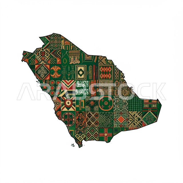 خريطة المملكة العربية السعودية مزخرفة ومنقوشة بالنقوش الشعبية العربية، الإخلاص والولاء للبلاد، الحدود الجغرافية للدولة، مفهوم حب الوطن والانتماء إليه، خلفية بيضاء